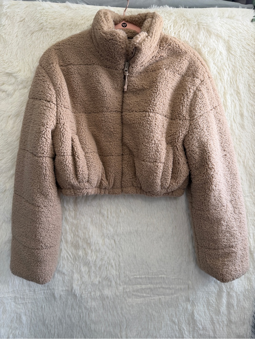 Streetwear Society Womens Teddy Fleece Cropped Puffer Jacket Size XL Y2K Neutral